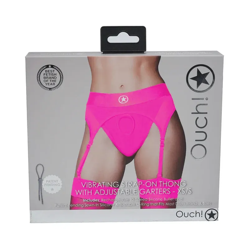 No Minimum Order Ouch! Vibrating Strap-On Thong with Adjustable Garters - Pink
