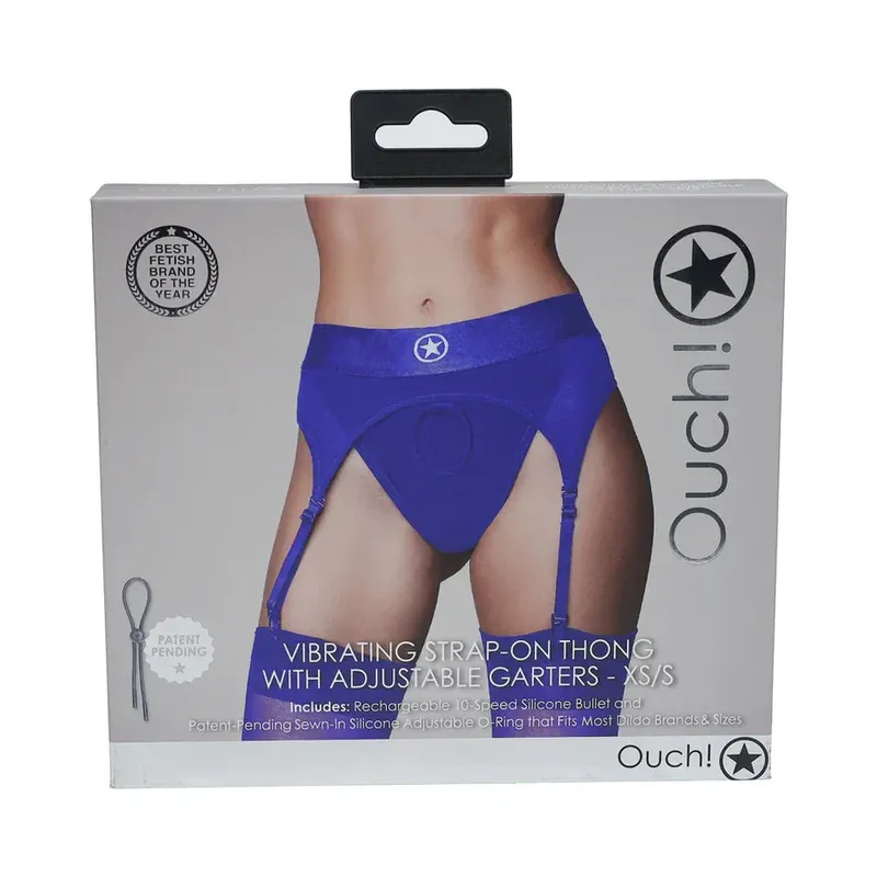 Ouch! Vibrating Strap-On Thong with Adjustable Garters - Royal Blue Limited Time