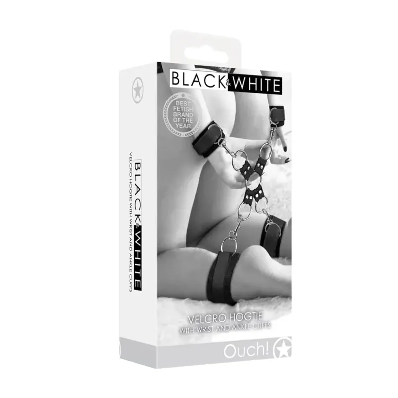 Ouch! Black & White Velcro Hogtie With Hand & Ankle Cuffs Clearance