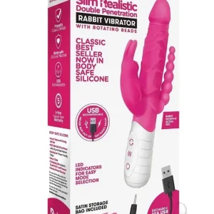 Rabbit Essentials Rechargeable Slim Double Penetration Rabbit Vibe Hot Pink Handmade