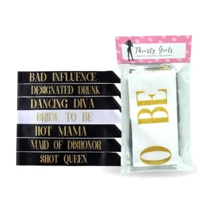Free Shipping Thirsty Girls 7pcs Gold Glitter Bride to be Satin Sash Set