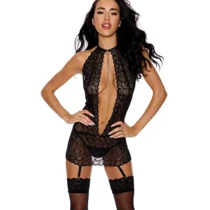 Limited Time Floral Lace Chemise w/Chain Details, Attached Garters & G-String 2 pc Set - Black MD