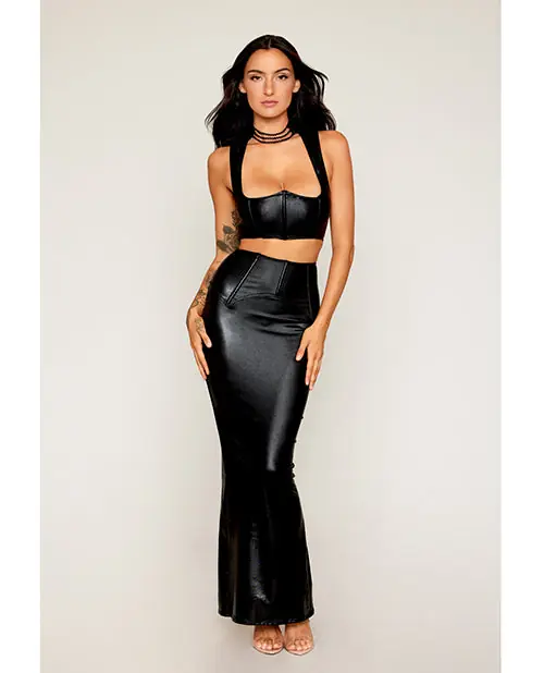 Get Yours Stretch Faux Leather Harness Bra & Long Slip Skirt - Black XL