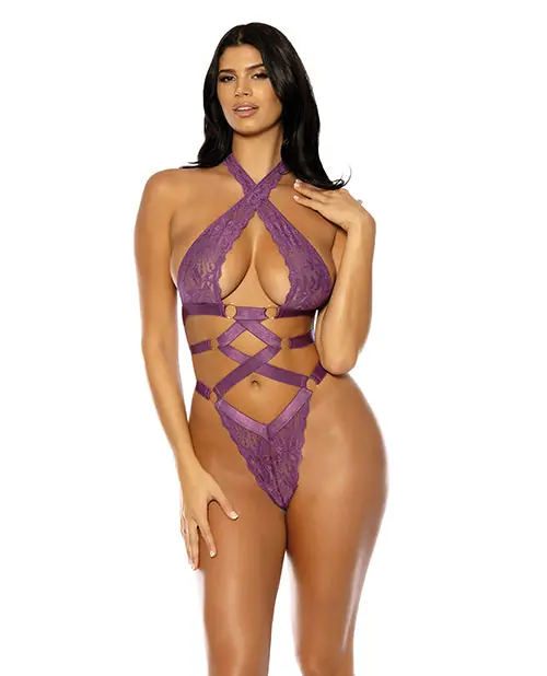 Cheap Camille Lace Halter Teddy with Lace Up Details - Purple L/XL